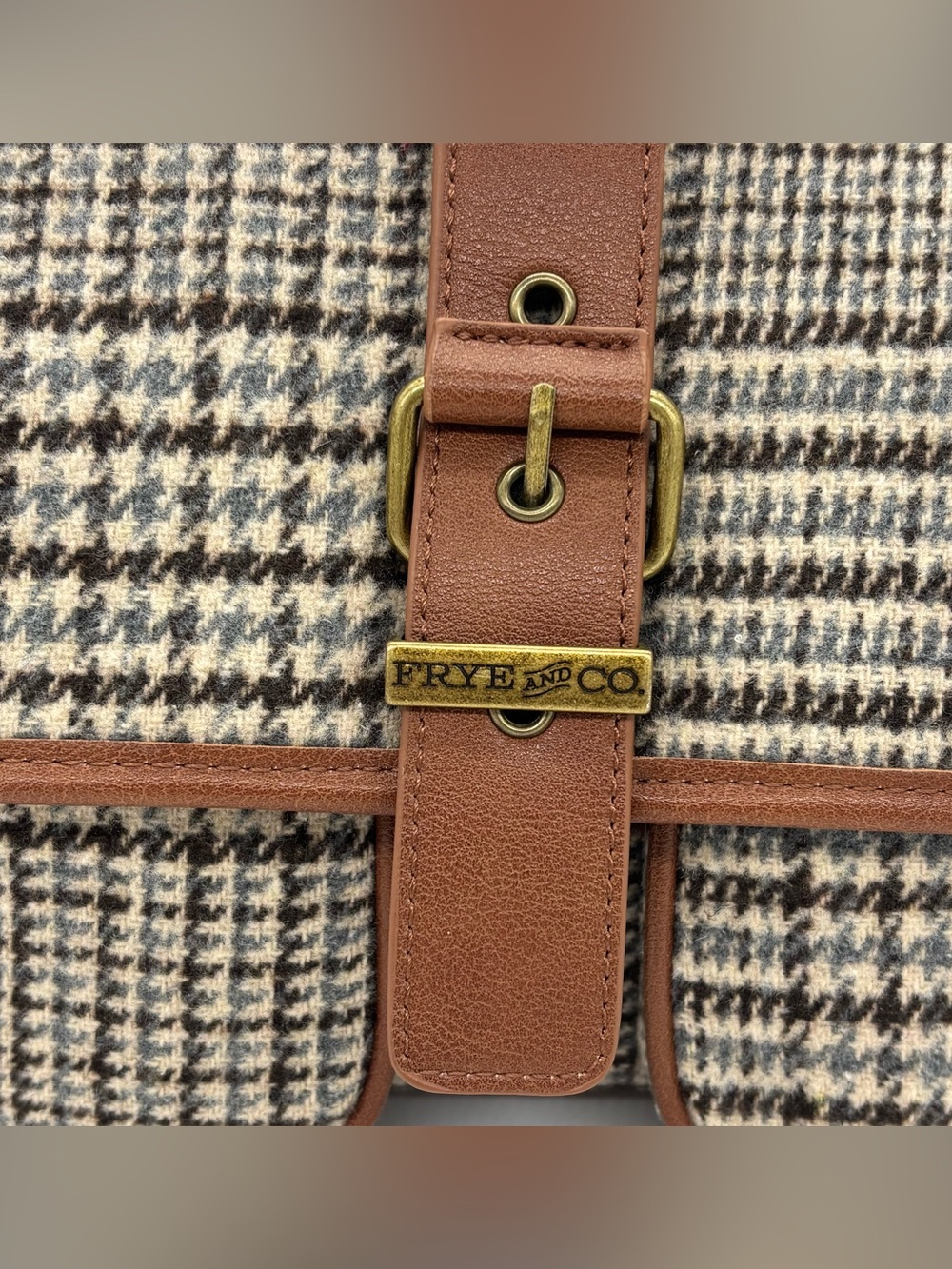 Frye & Co Houndstooth Plaid Shoulder Bag Brown Purse Academia Equestrian Preppy - Picture 6 of 15